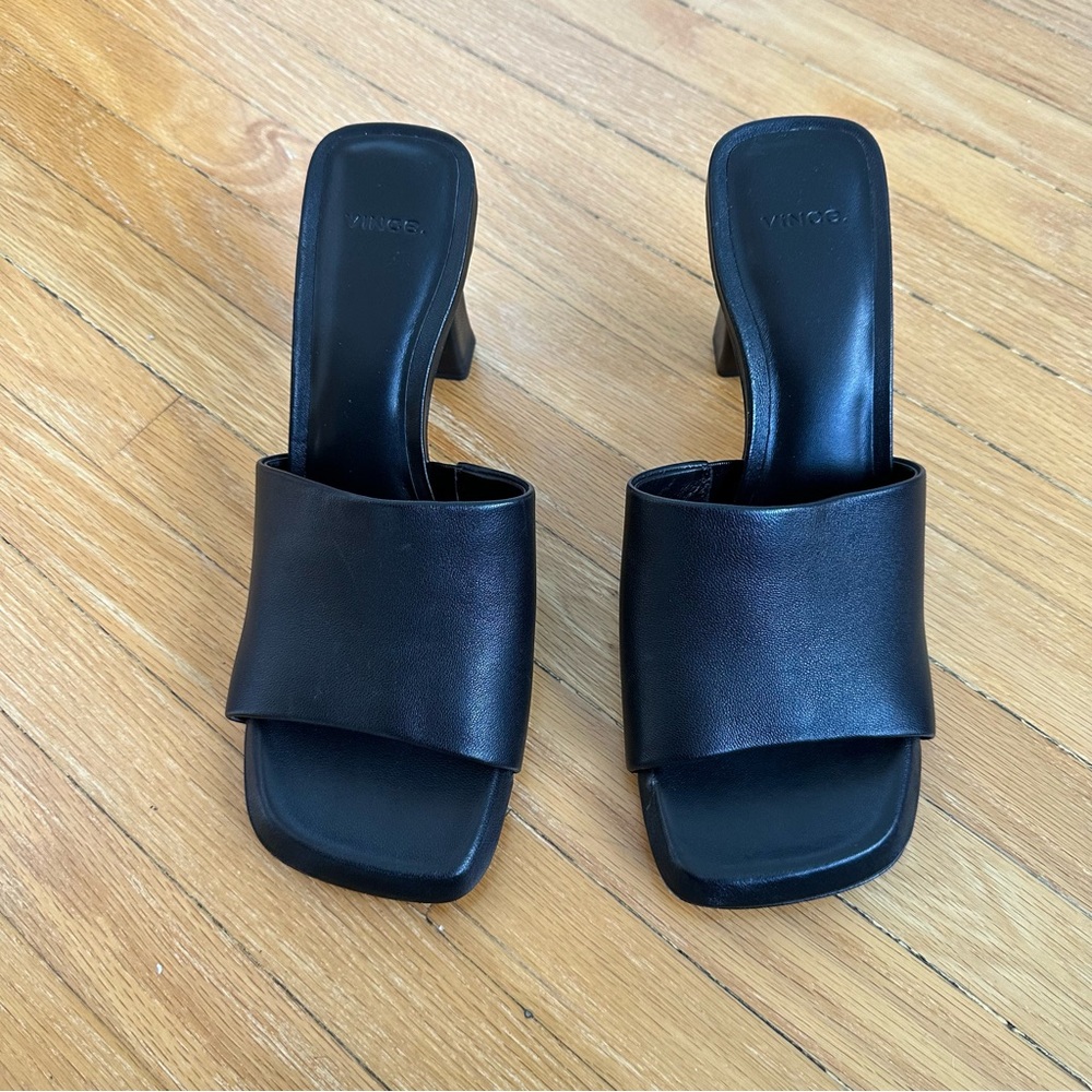 Vince Black Genuine Leather Block Heel Square Toe Mules NWT 9.5 - Picture 2 of 7